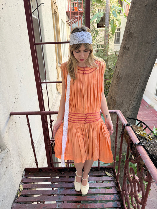 1910s - 1920s Peach Pleated Silk Crepe Drop Waist Dress Flapper Style