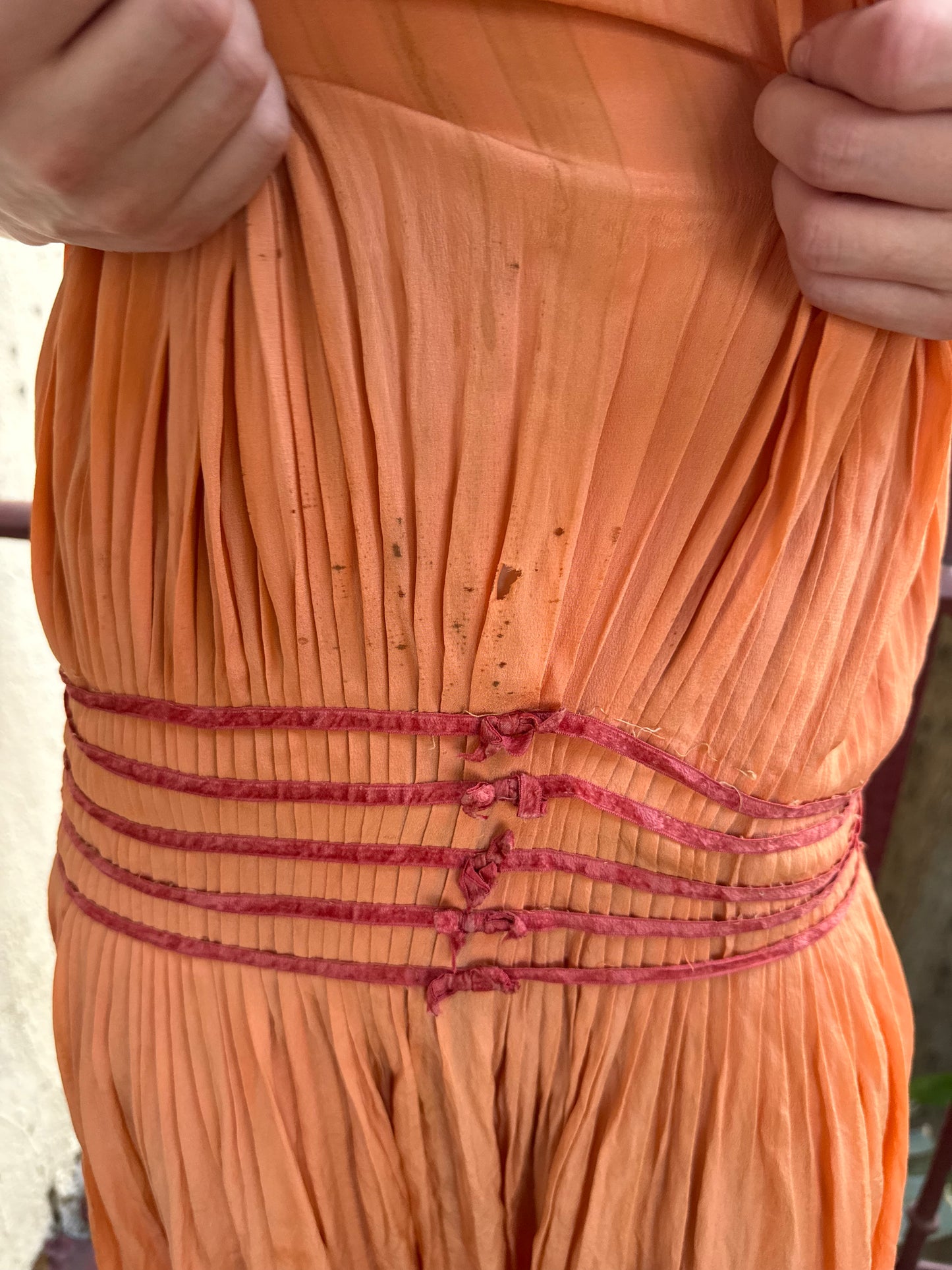 1910s - 1920s Peach Pleated Silk Crepe Drop Waist Dress Flapper Style