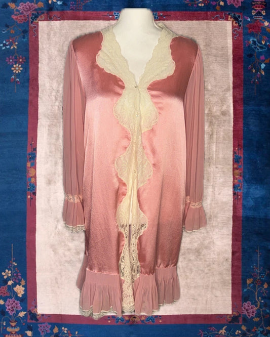 1980's Christian Dior Pink & Cream Lace Dressing Gown