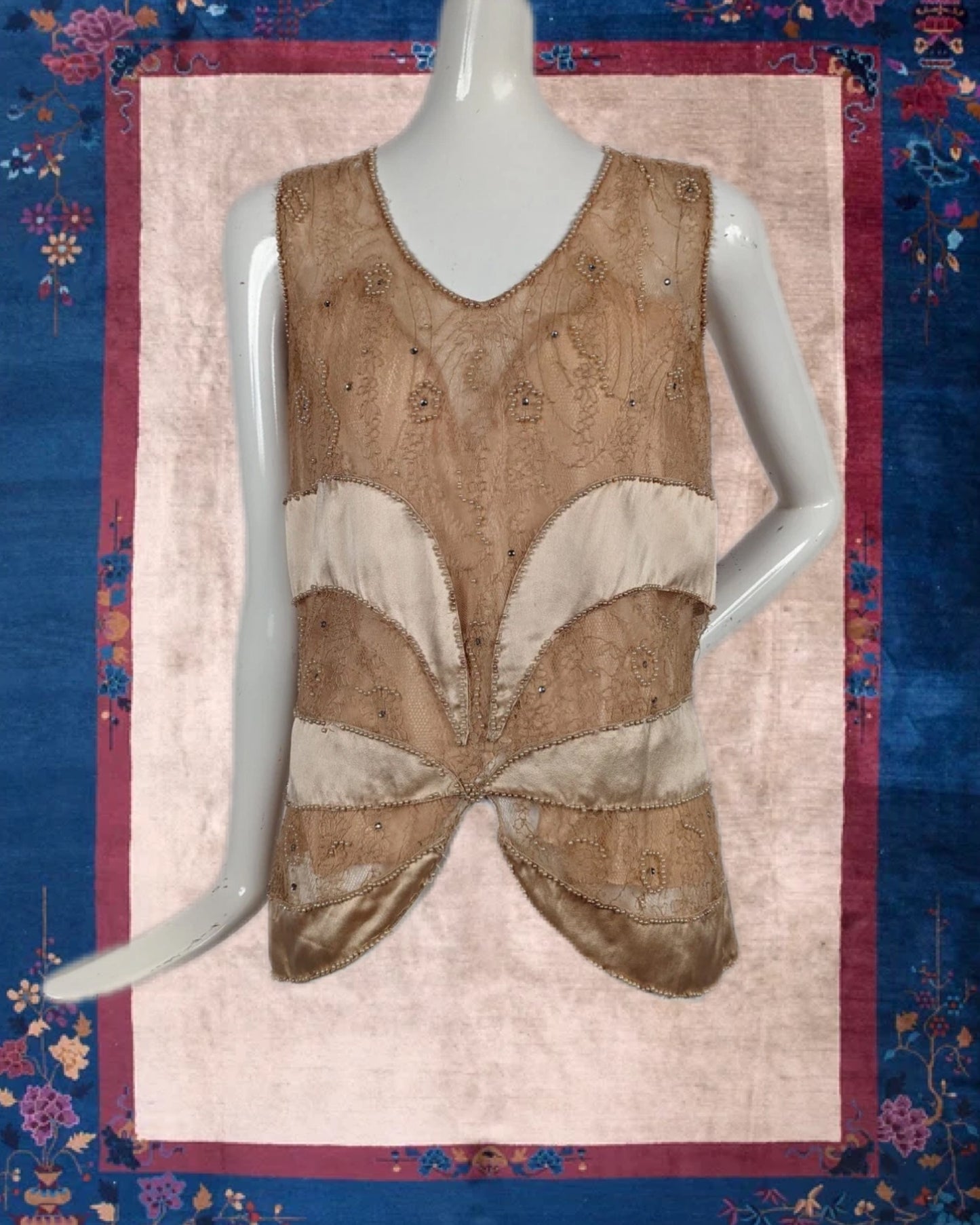 1920's Art Deco Pink Chantilly Lace & Silk Top with Pearls and Rhinestones