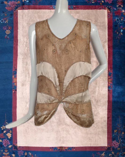 1920's Art Deco Pink Chantilly Lace & Silk Top with Pearls and Rhinestones