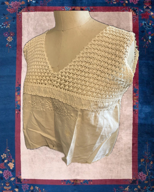 Antique Edwardian Crochet Lace & Muslin Corset Cover
