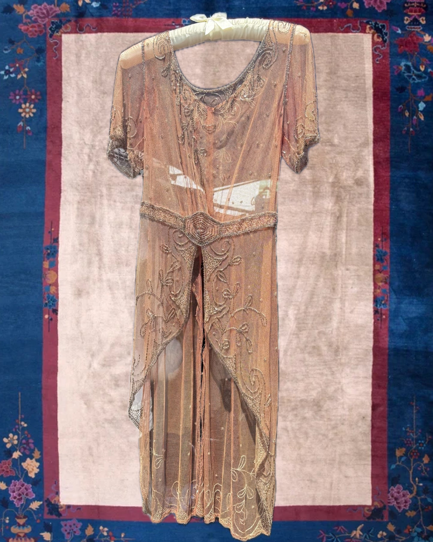 Antique 1920's Pink Beaded Lace Flapper Dress