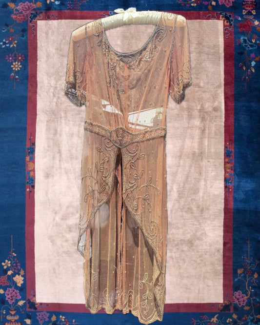 Antique 1920's Pink Beaded Lace Flapper Dress