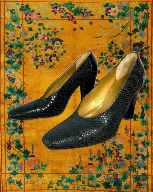 1980's Yves Saint Laurent Black Snake Embossed Pumps