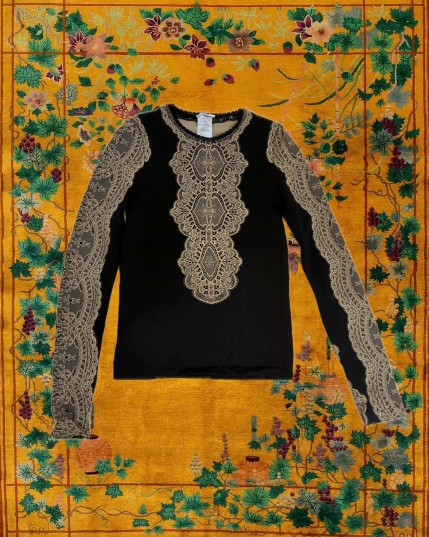 Wolford Black & Beige Lace Print Top