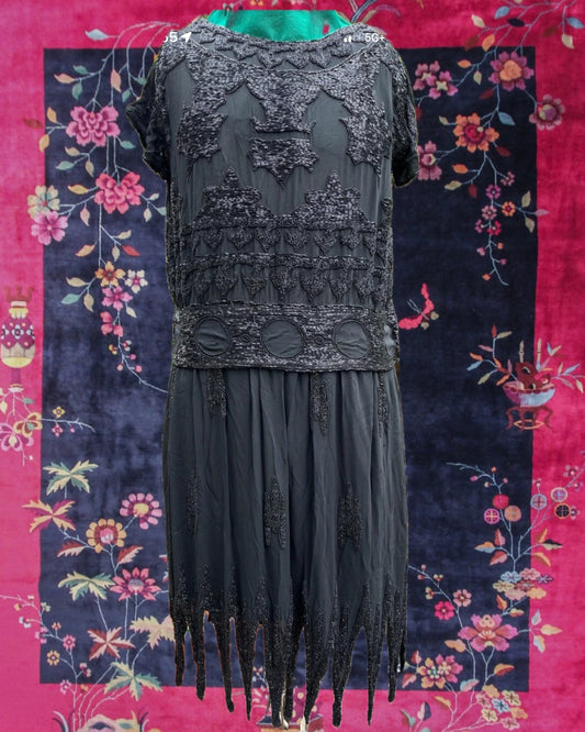 1920's Black Beaded Dagger Hem Flapper Dress