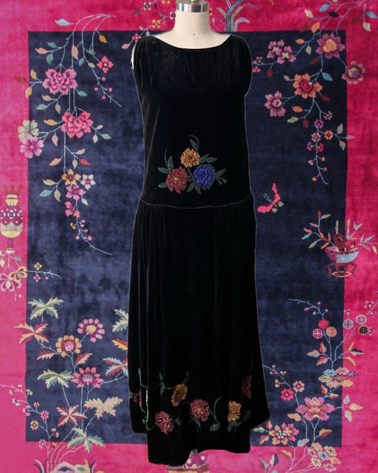 1920s Black Velvet Evening Dress with Floral Embroidery