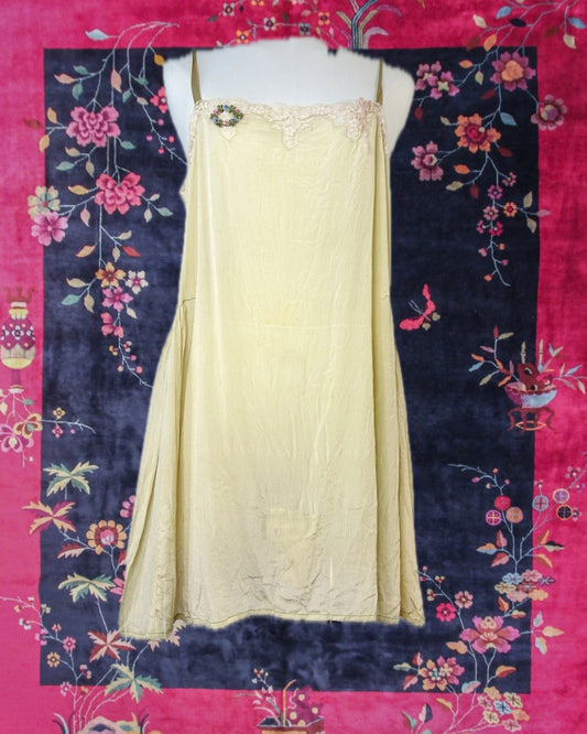 1920s Silk Slip Dress with Lace & Beaded Floral Detail