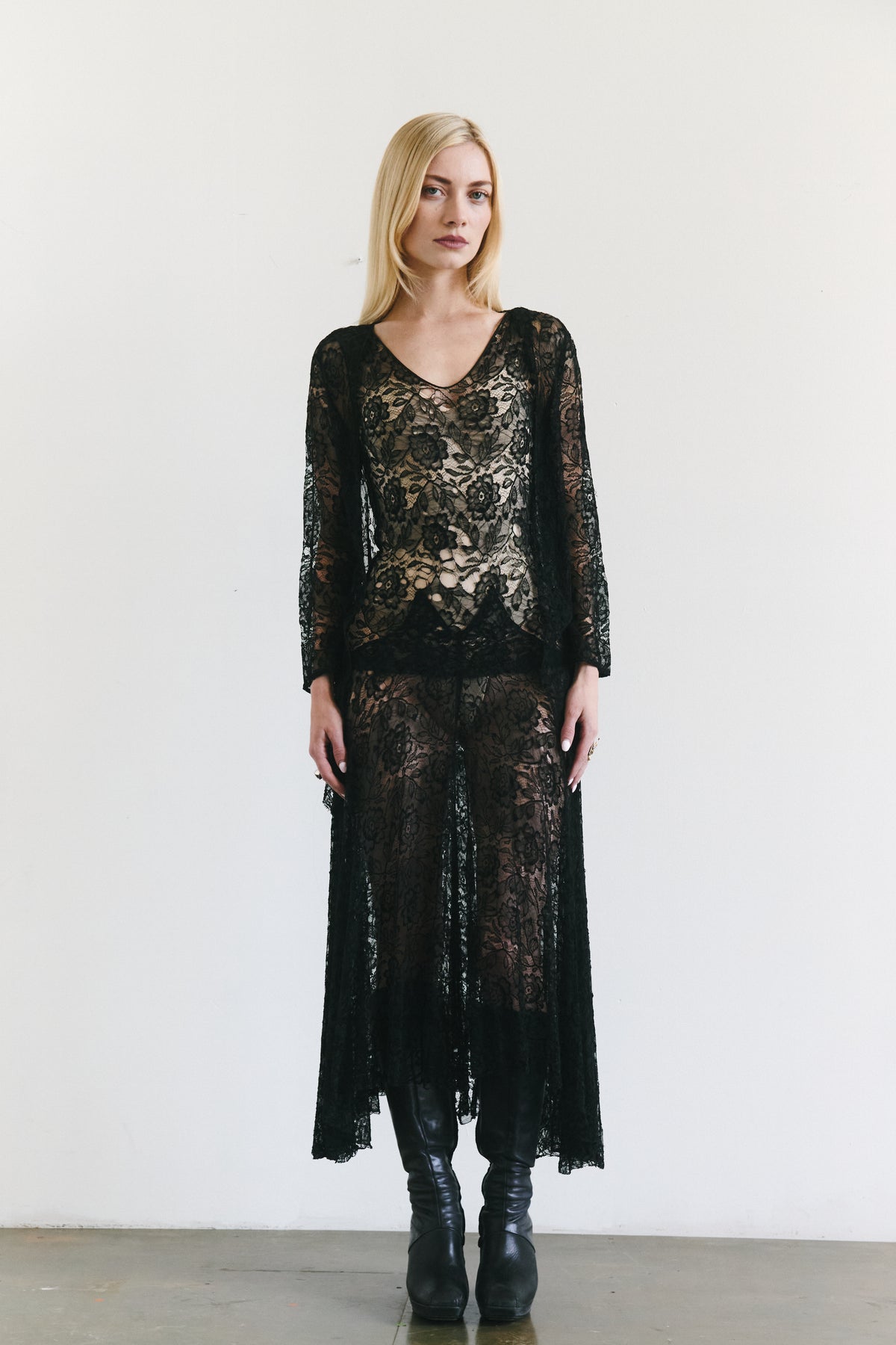1930s Antique Black Lace Evening Gown & Jacket Set