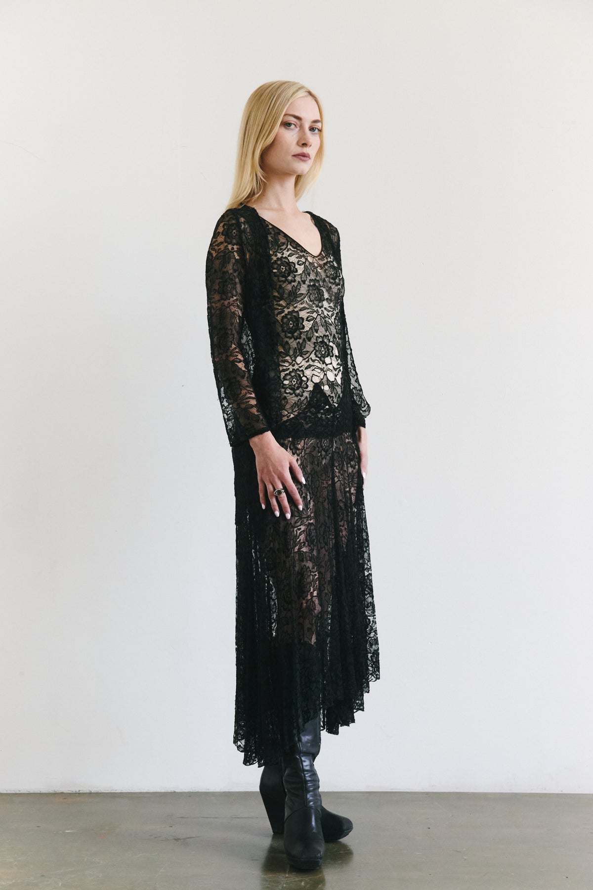 1930s Antique Black Lace Evening Gown & Jacket Set