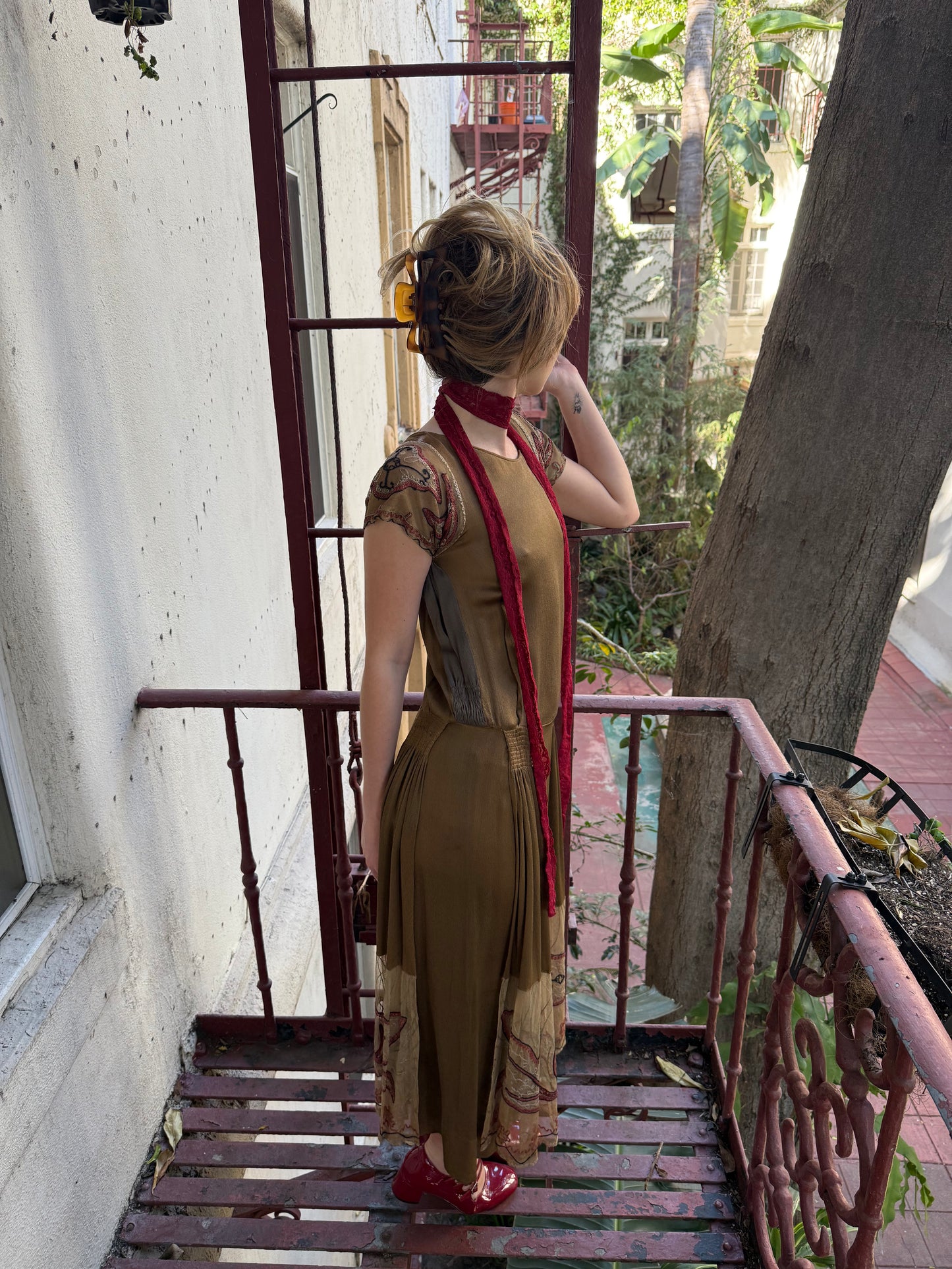 Antique 1920s Gold Art Deco Flapper Dress with Embroidered Hem