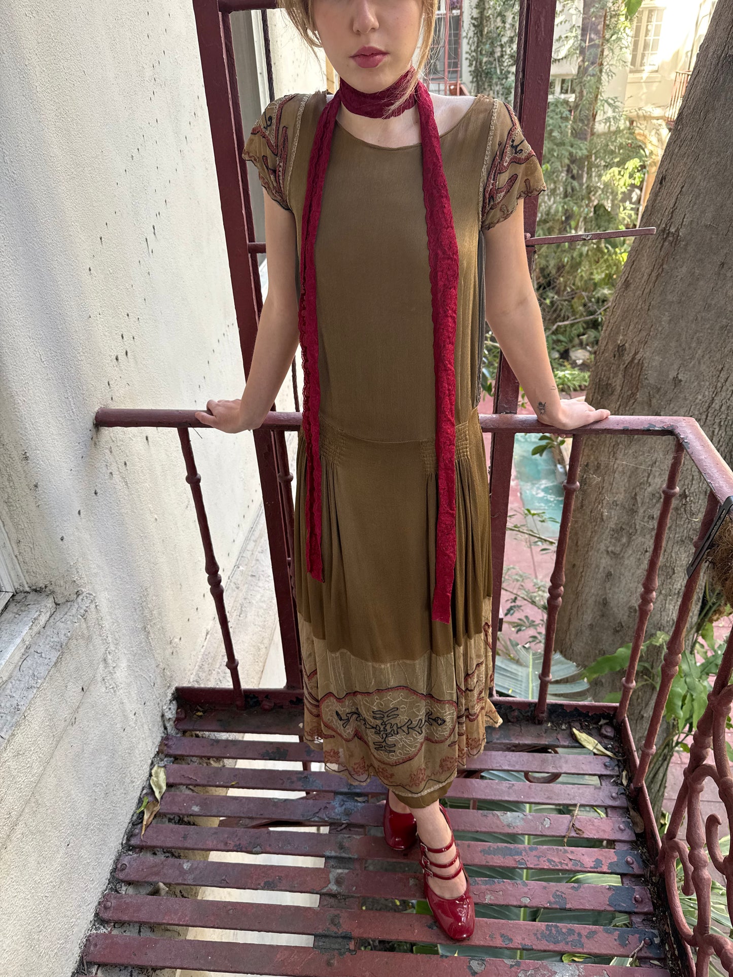 Antique 1920s Gold Art Deco Flapper Dress with Embroidered Hem