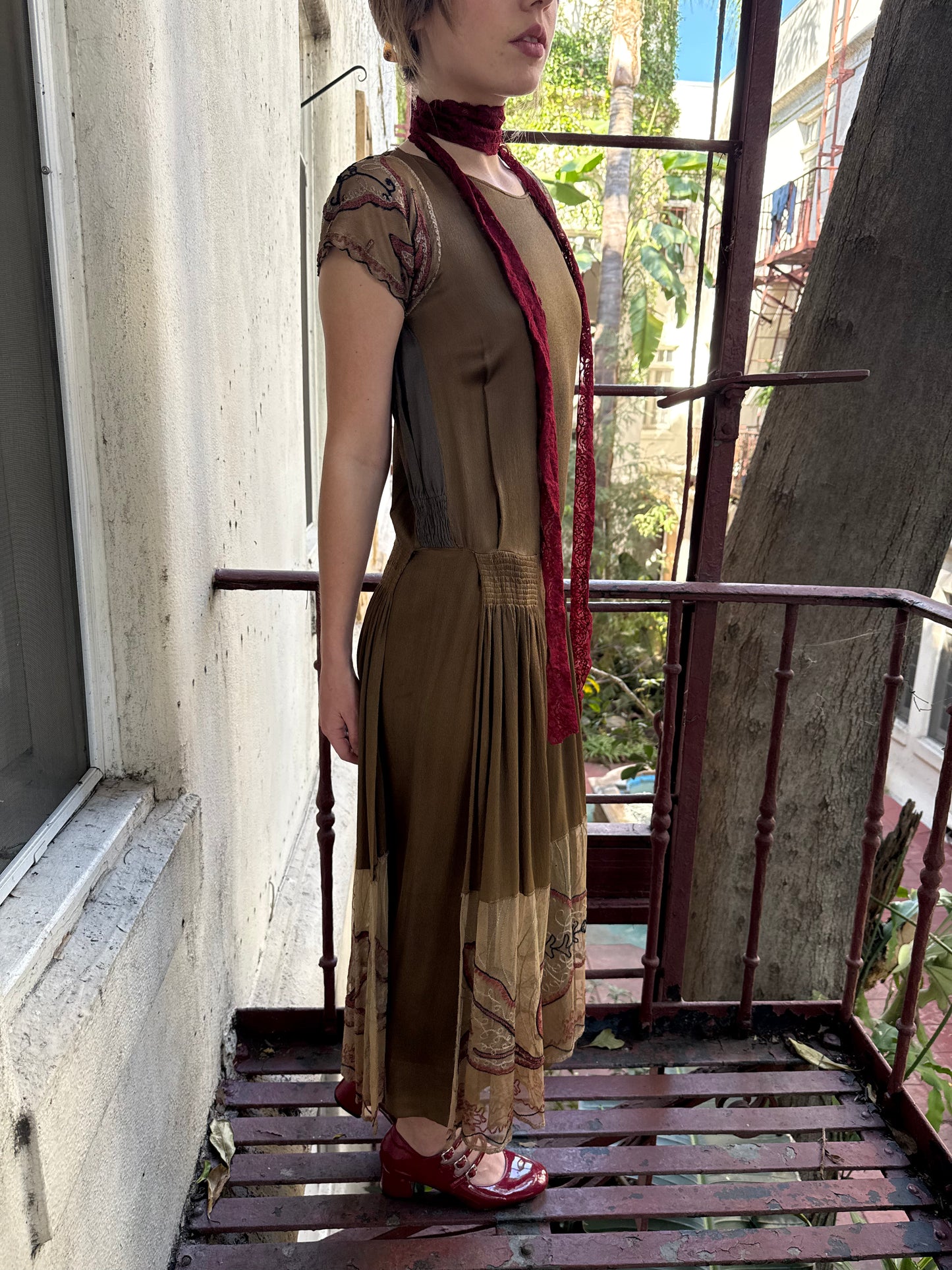 Antique 1920s Gold Art Deco Flapper Dress with Embroidered Hem