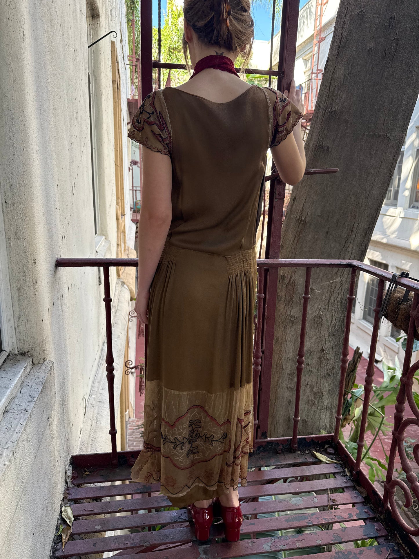 Antique 1920s Gold Art Deco Flapper Dress with Embroidered Hem