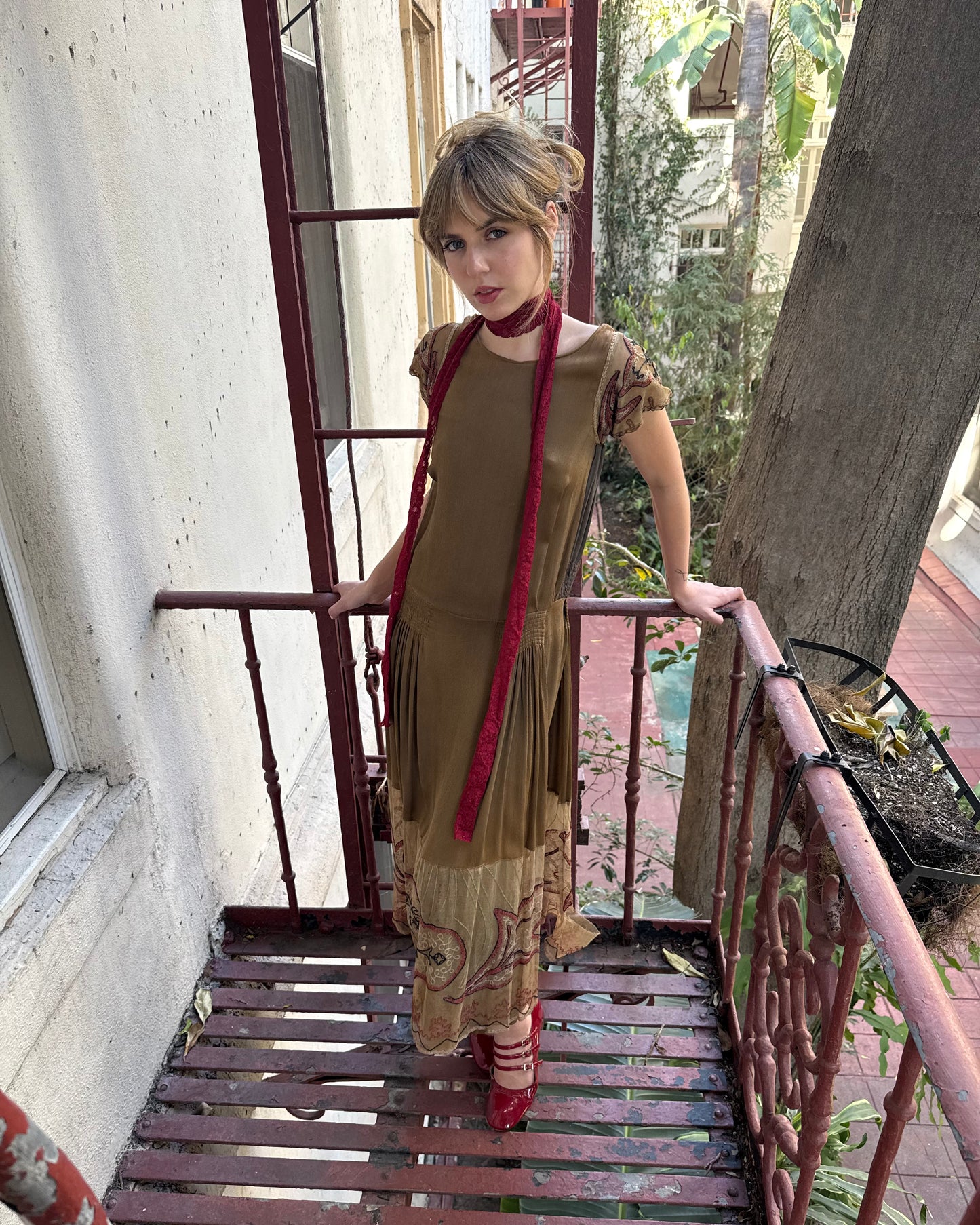 Antique 1920s Gold Art Deco Flapper Dress with Embroidered Hem