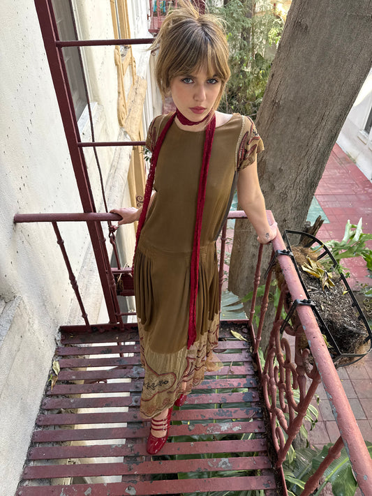 Antique 1920s Gold Art Deco Flapper Dress with Embroidered Hem