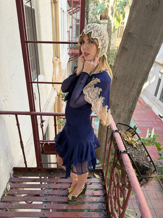 1920’s Sailor Cape Royal Blue Silk Chiffon Mini Dress