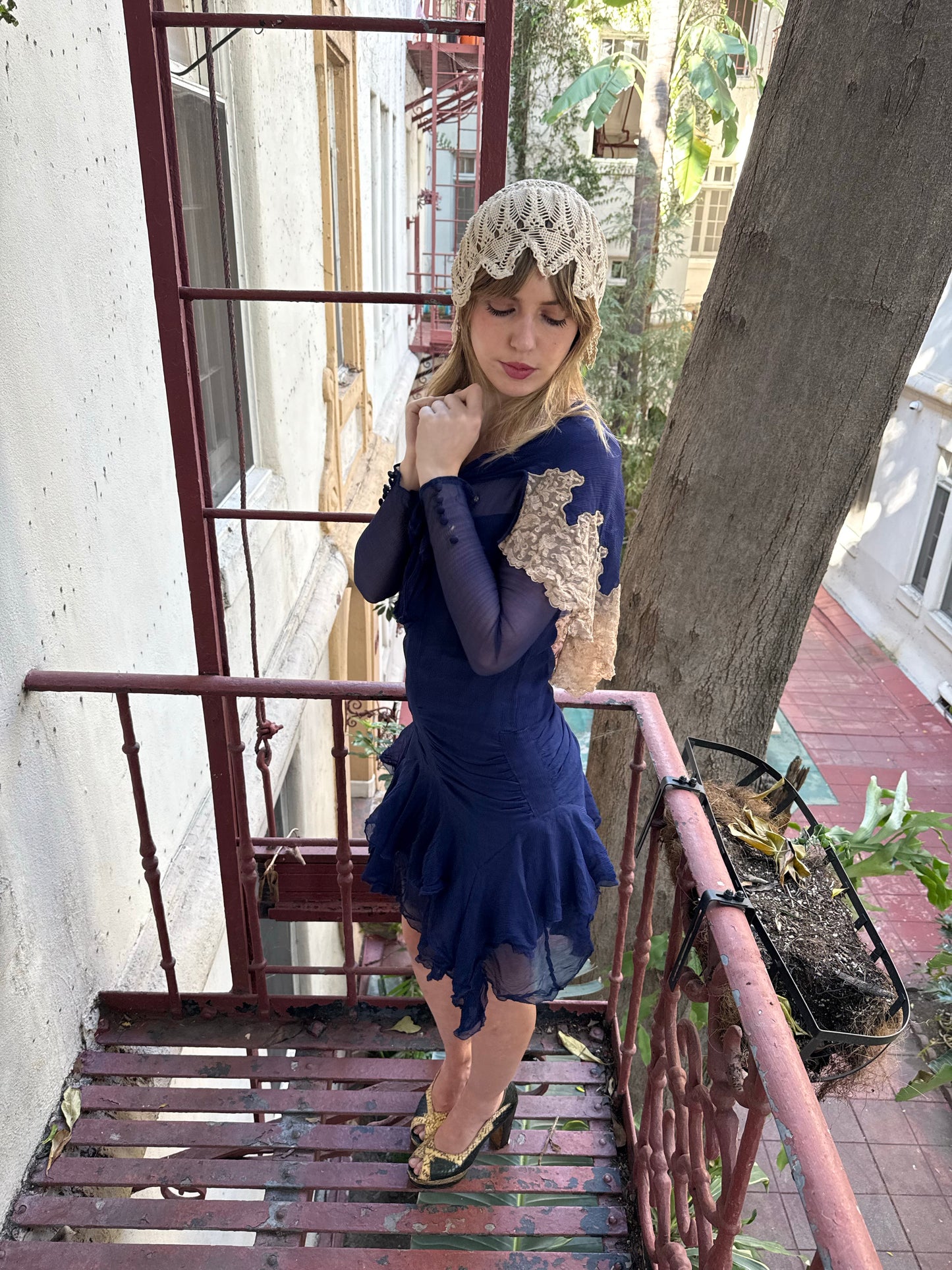 1920’s Sailor Cape Royal Blue Silk Chiffon Mini Dress
