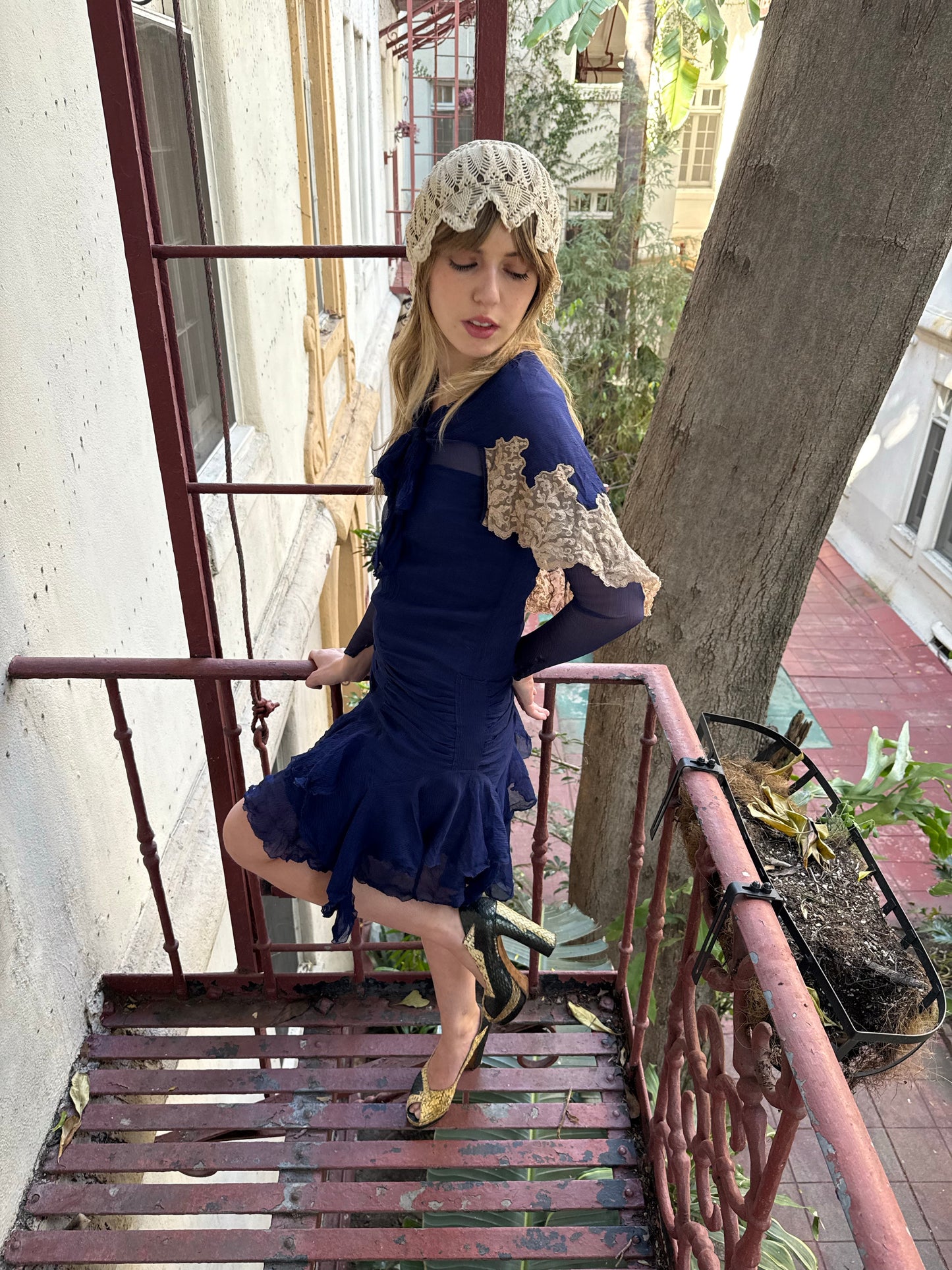 1920’s Sailor Cape Royal Blue Silk Chiffon Mini Dress