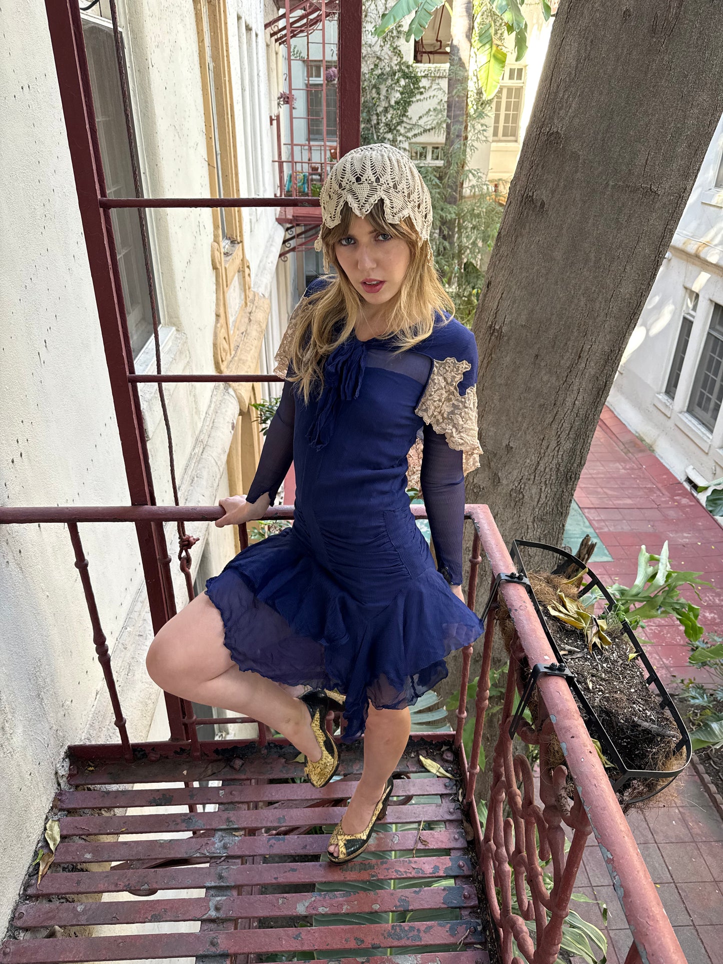 1920’s Sailor Cape Royal Blue Silk Chiffon Mini Dress
