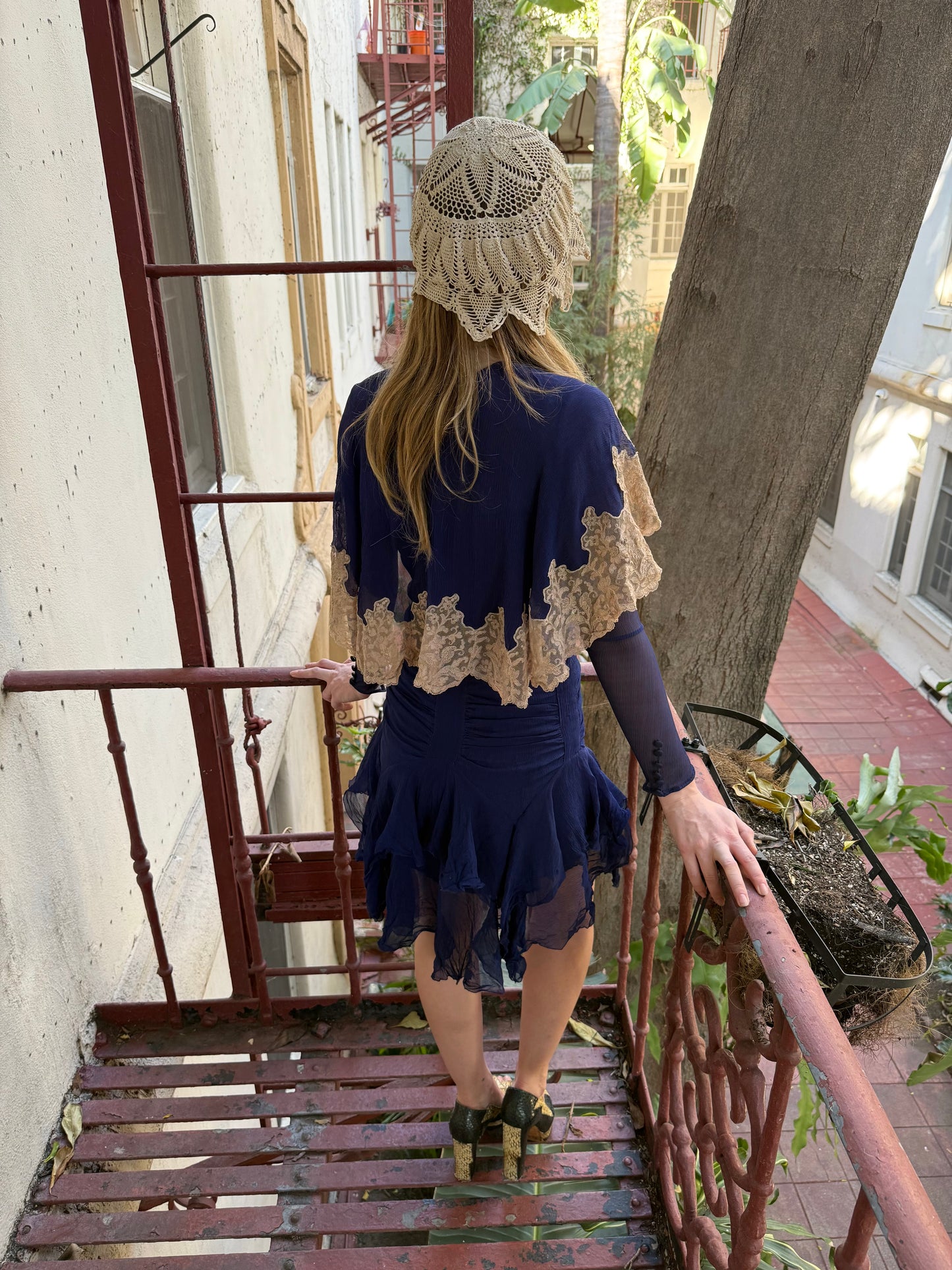 1920’s Sailor Cape Royal Blue Silk Chiffon Mini Dress