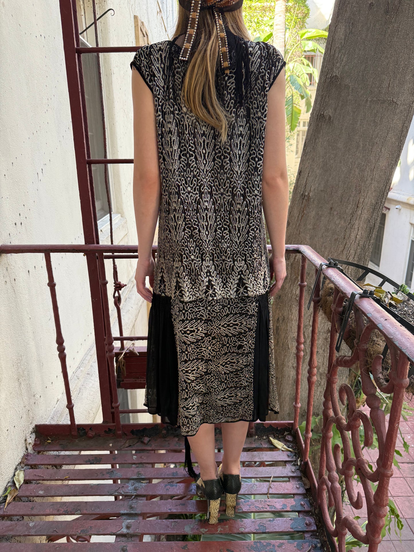 1920s Art Deco Black & Silver Metallic Lamé Embroidered Drop-Waist Dress
