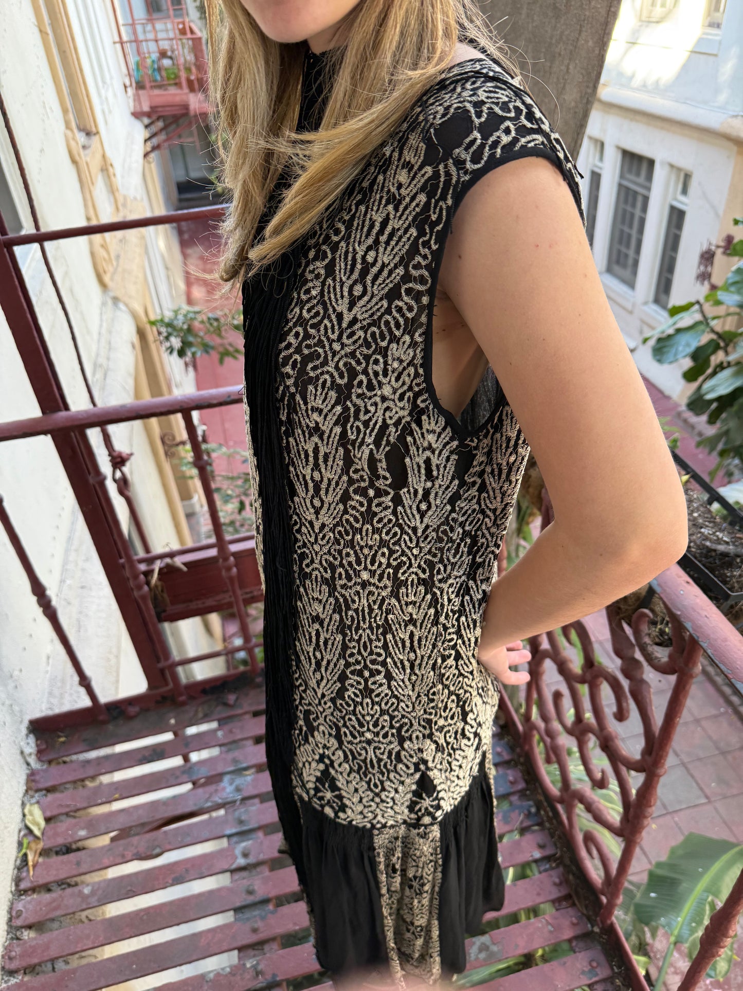 1920s Art Deco Black & Silver Metallic Lamé Embroidered Drop-Waist Dress