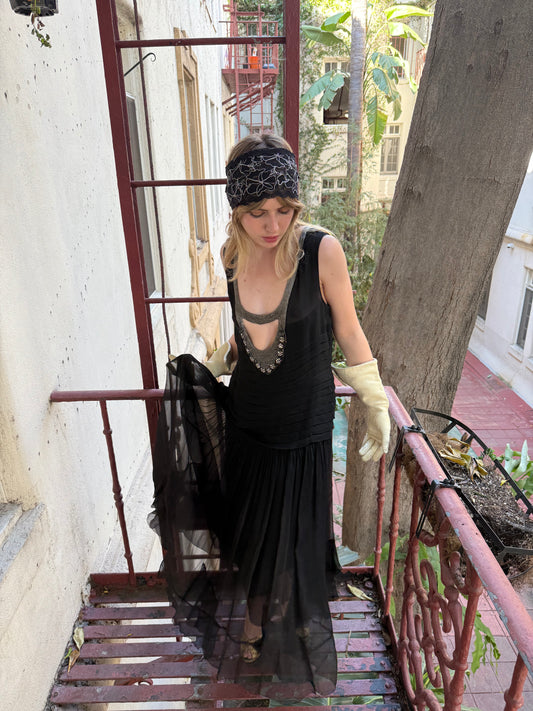 1920s Beaded Neck Black Silk Chiffon Tiered Flapper Dress