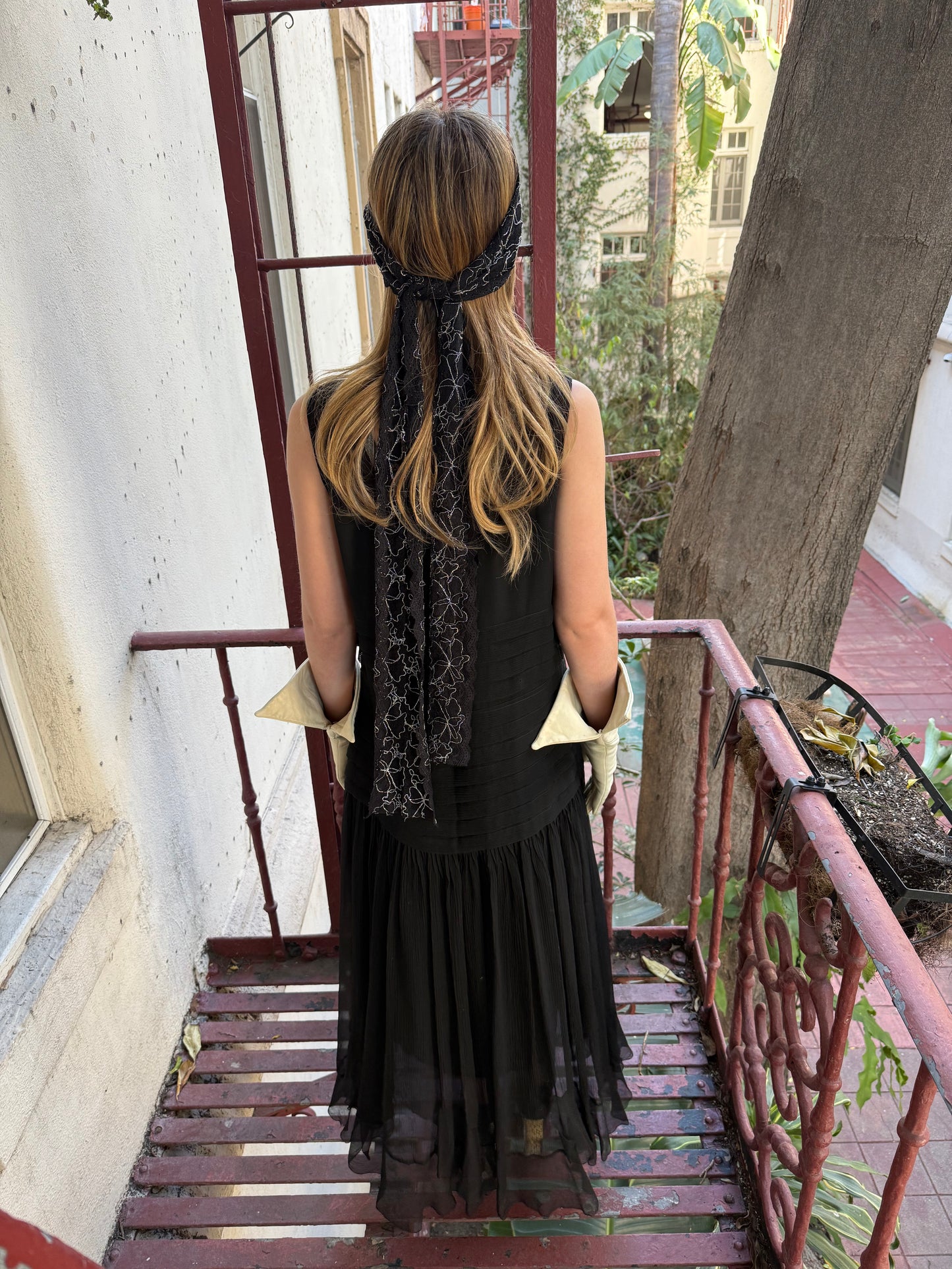 1920s Beaded Neck Black Silk Chiffon Tiered Flapper Dress