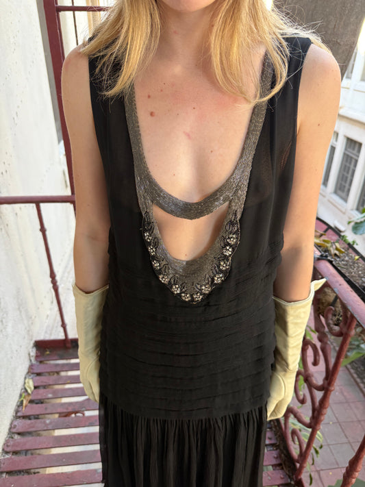 1920s Beaded Neck Black Silk Chiffon Tiered Flapper Dress