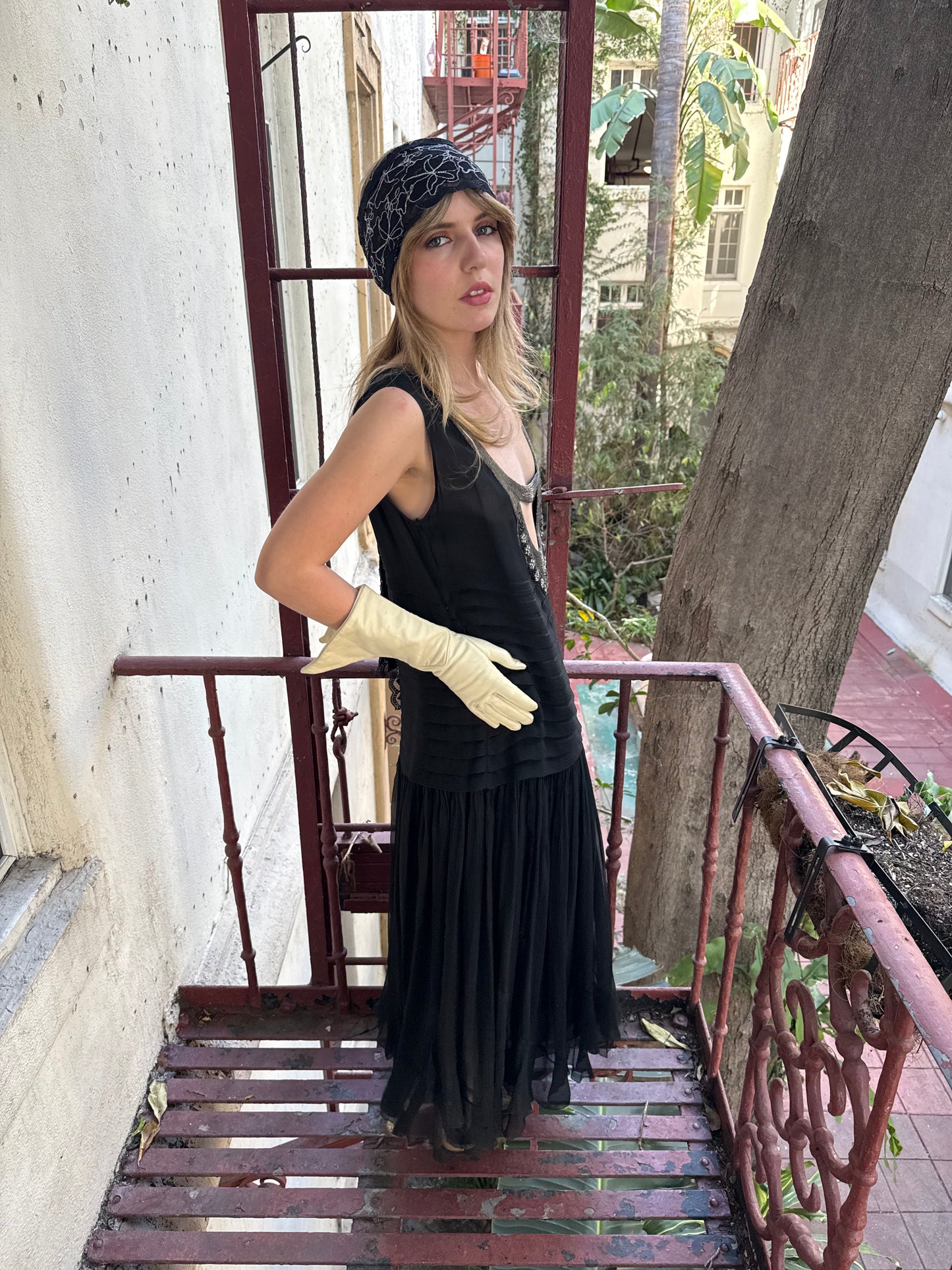 1920s Beaded Neck Black Silk Chiffon Tiered Flapper Dress