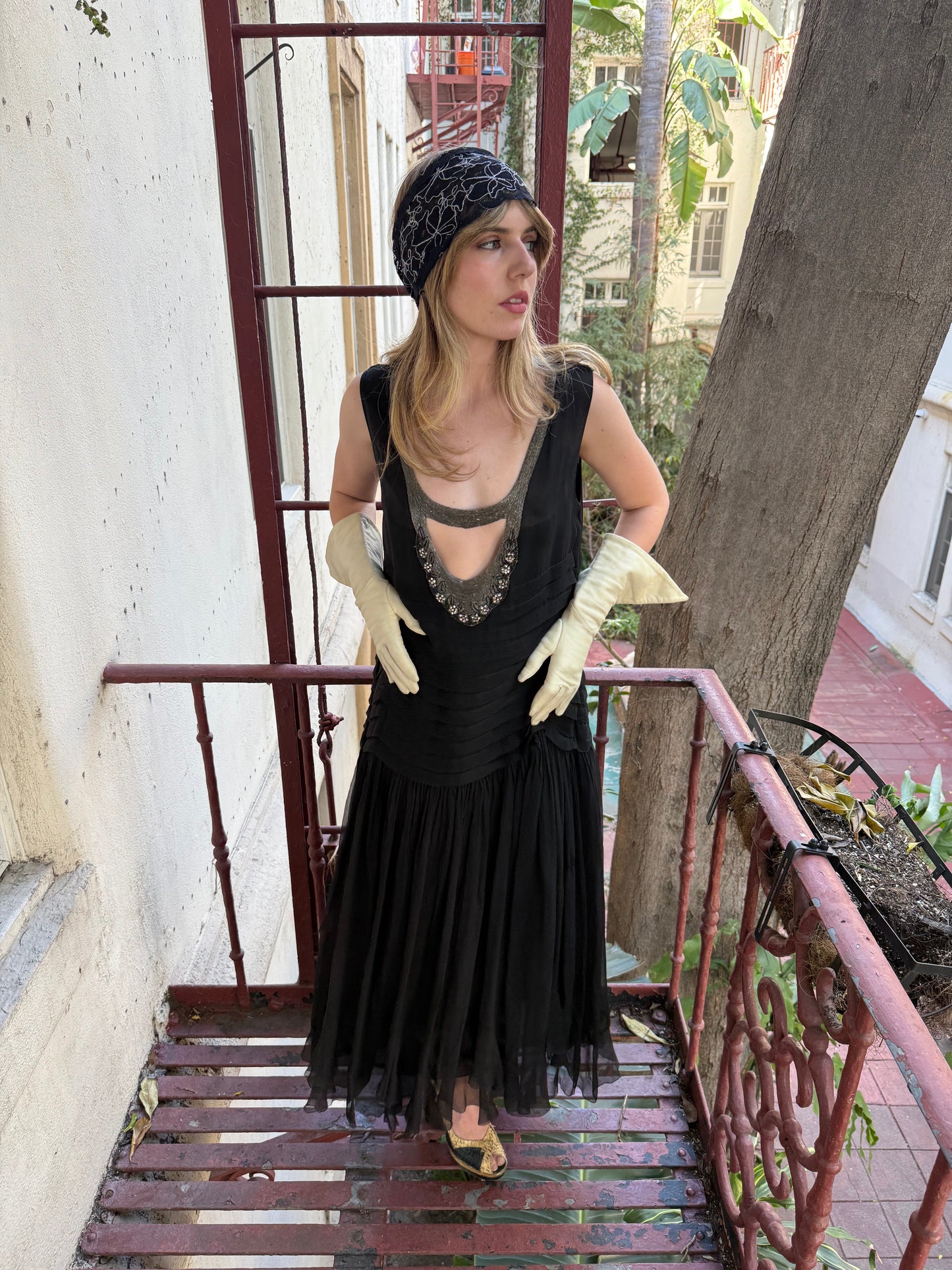 1920s Beaded Neck Black Silk Chiffon Tiered Flapper Dress