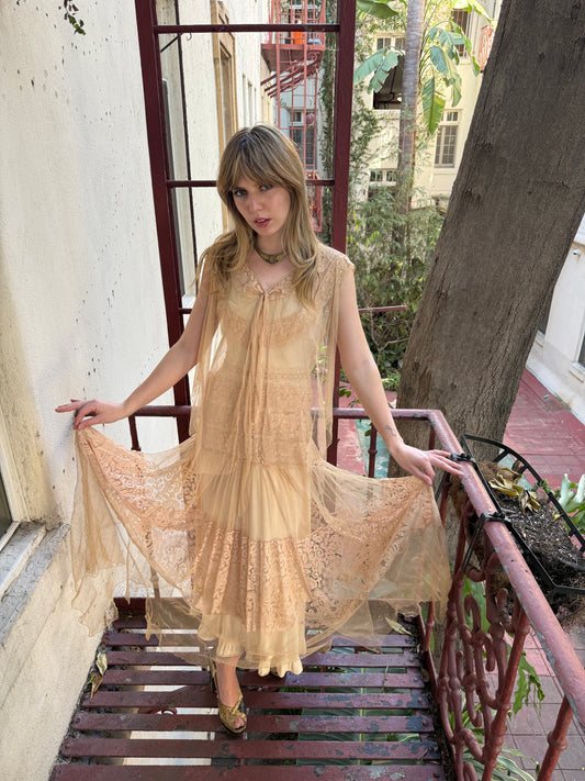 1920s Beige Net Cotton Crochet Lace Dress Sheer Gown