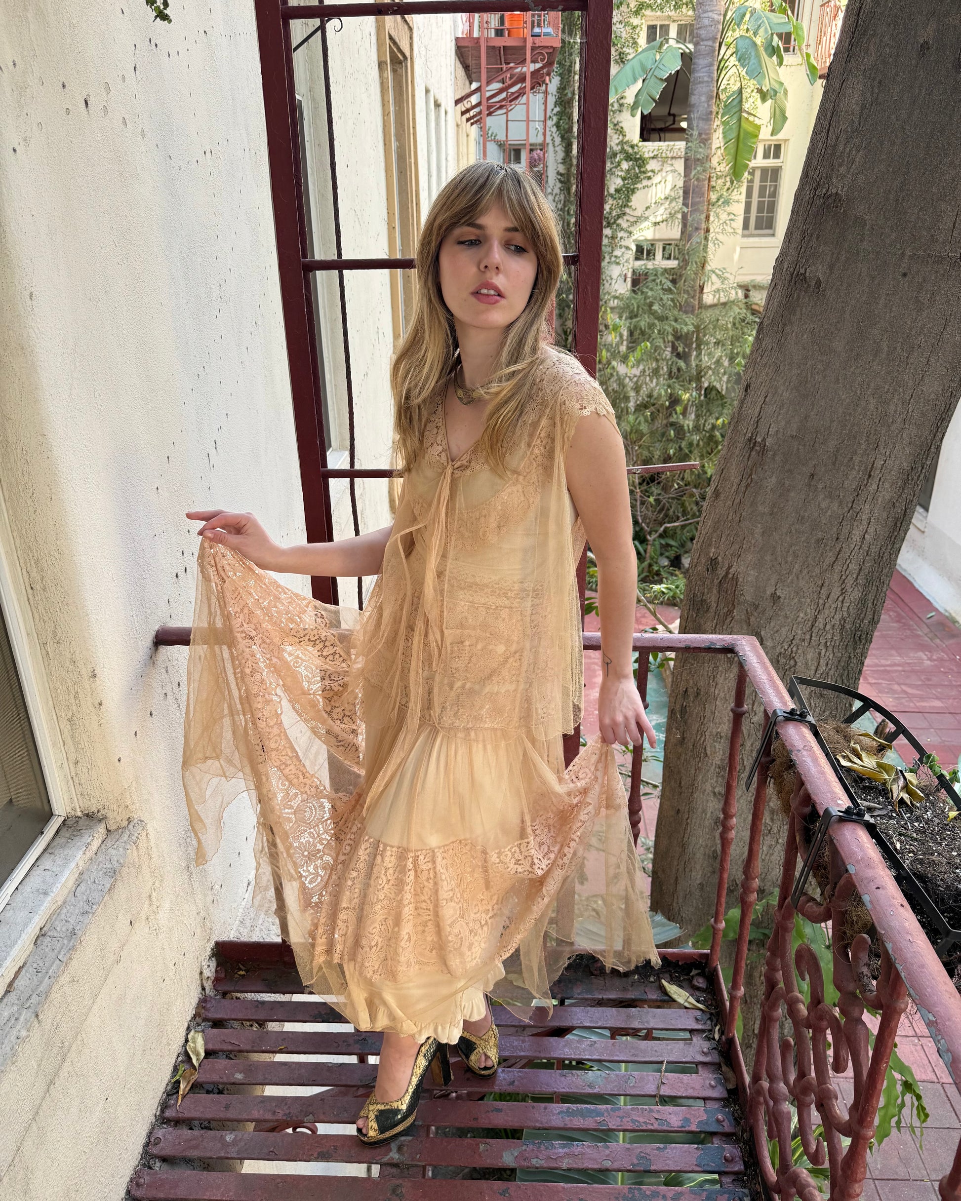 1920s Beige Net Cotton Crochet Lace Dress Sheer Gown – Mint Condition Vintage