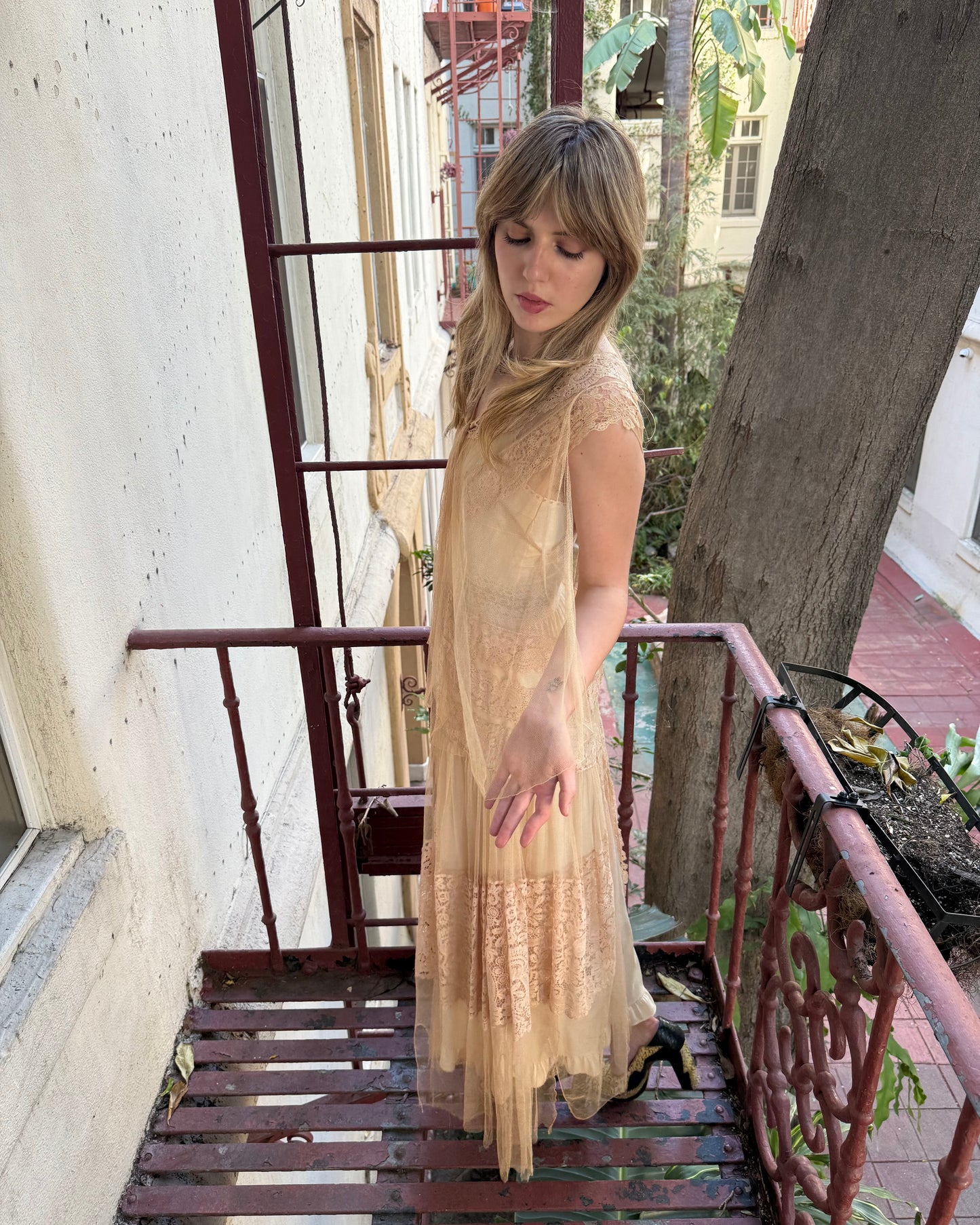 1920s Beige Net Cotton Crochet Lace Dress Sheer Gown