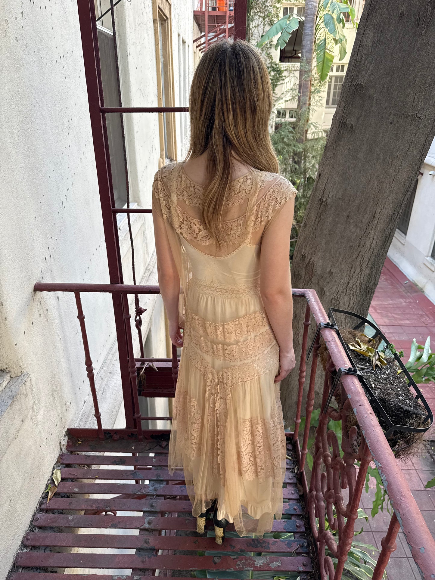 1920s Beige Net Cotton Crochet Lace Dress Sheer Gown