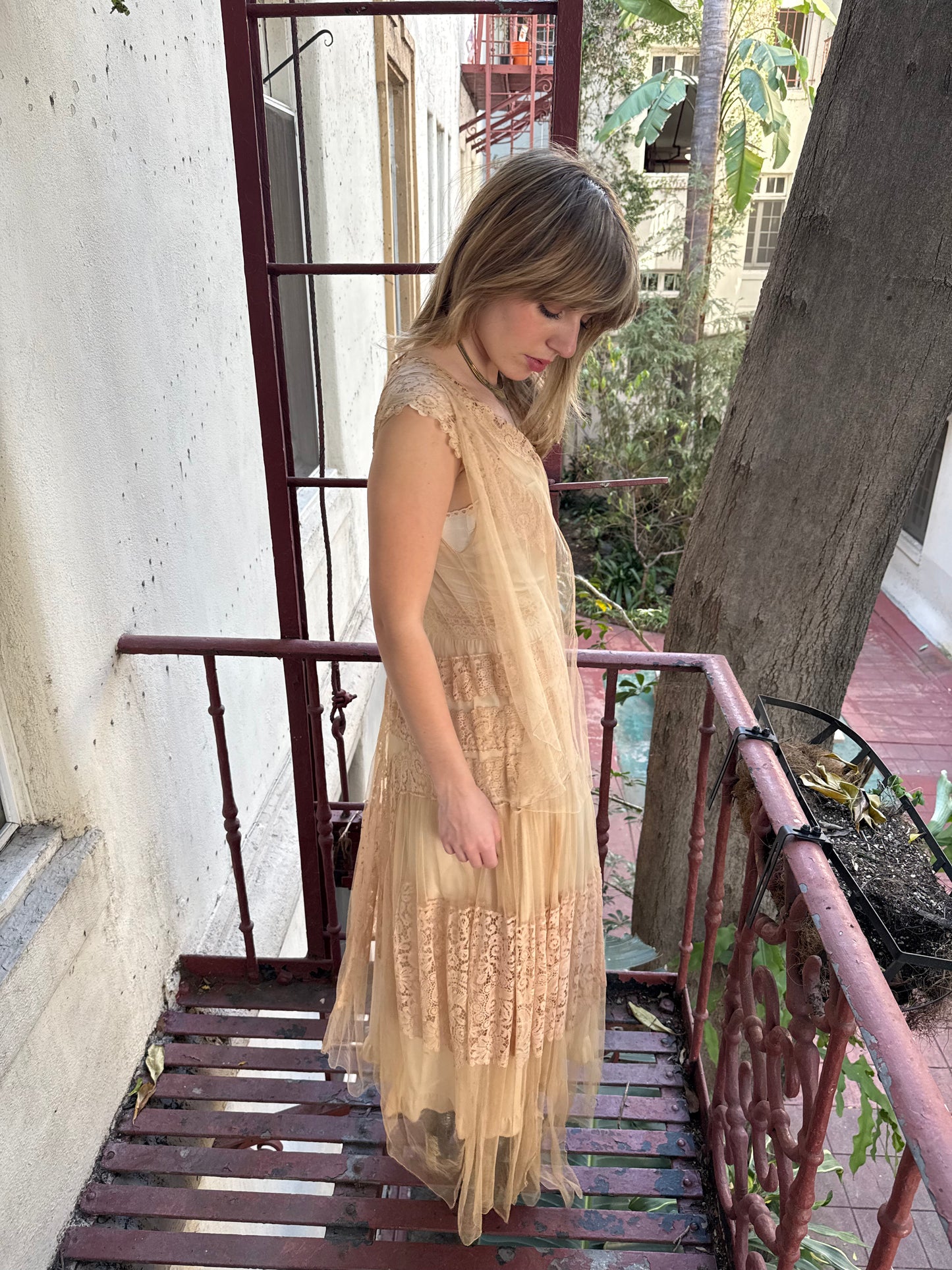 1920s Beige Net Cotton Crochet Lace Dress Sheer Gown