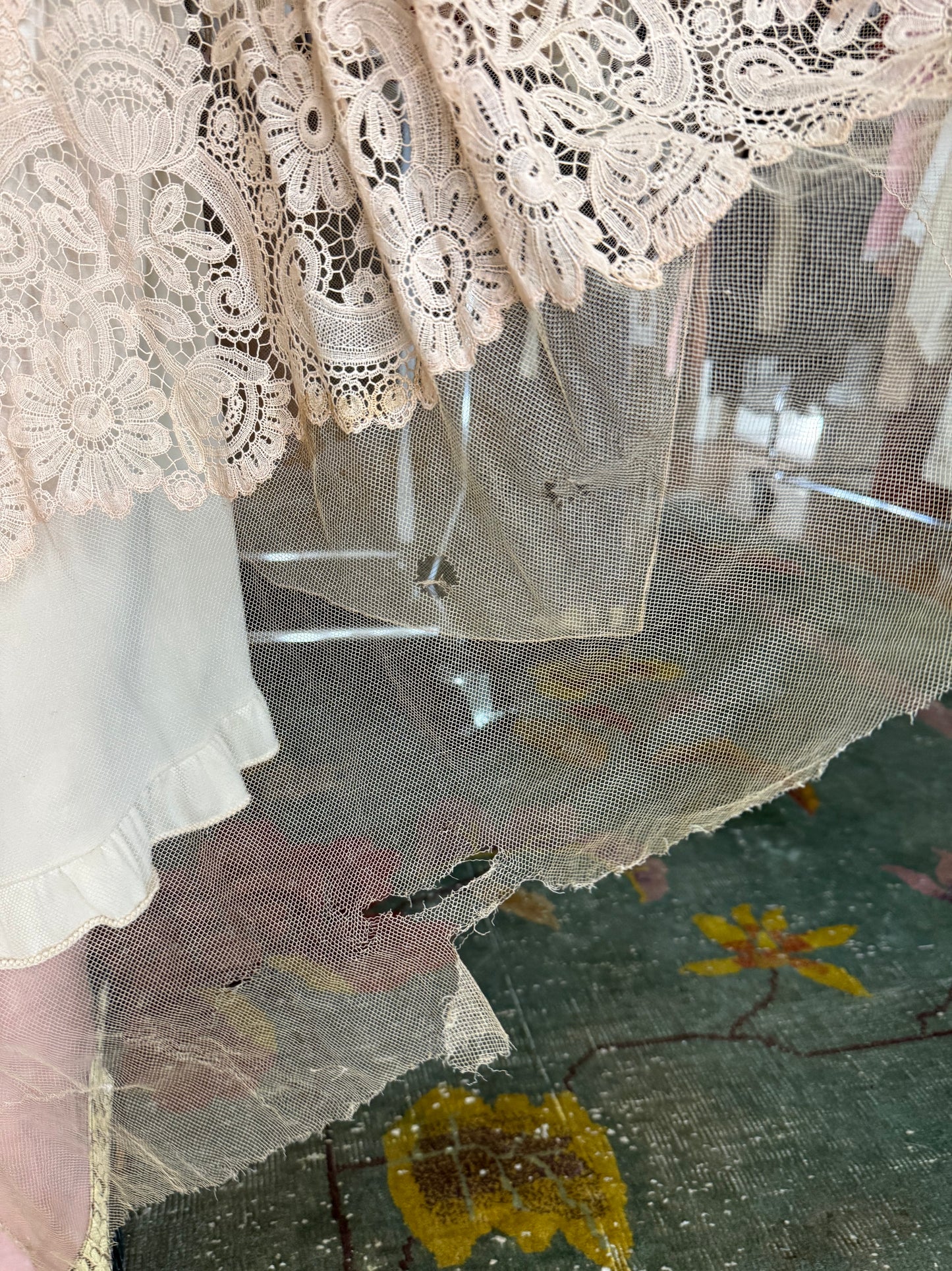 1920s Beige Net Cotton Crochet Lace Dress Sheer Gown