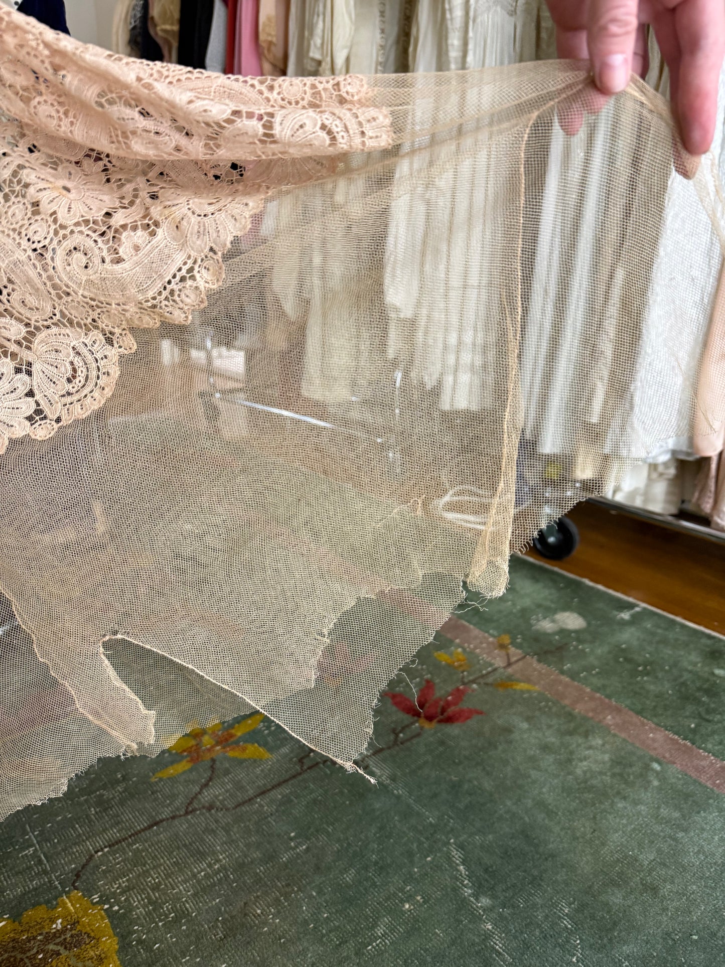 1920s Beige Net Cotton Crochet Lace Dress Sheer Gown