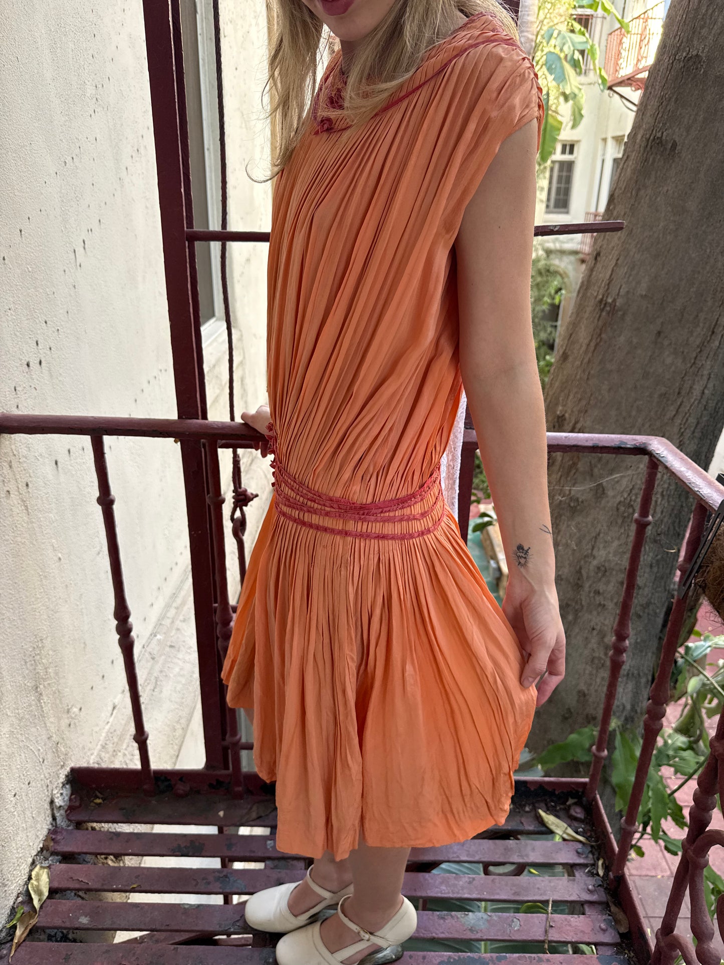 1910s - 1920s Peach Pleated Silk Crepe Drop Waist Dress Flapper Style