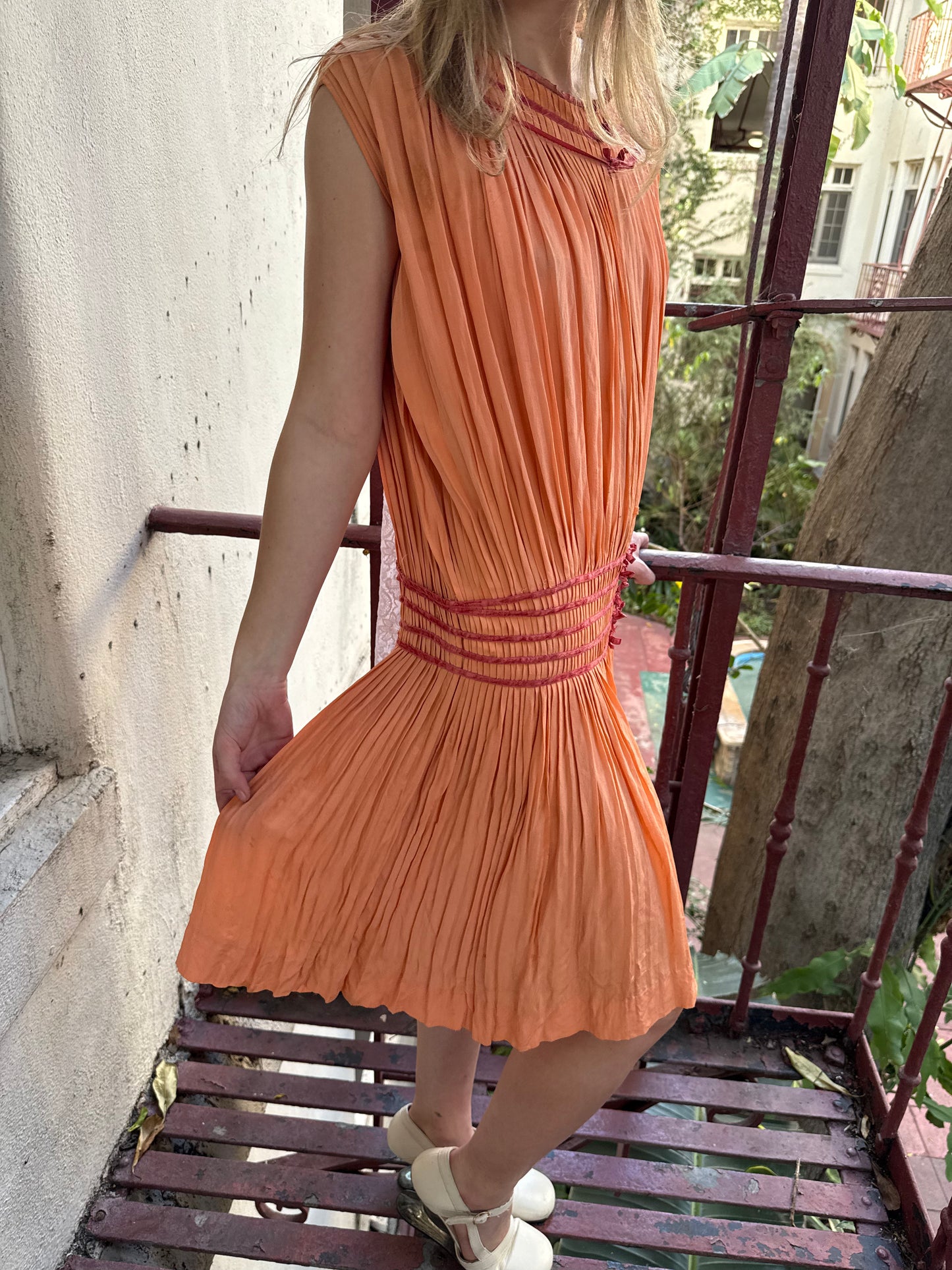 1910s - 1920s Peach Pleated Silk Crepe Drop Waist Dress Flapper Style