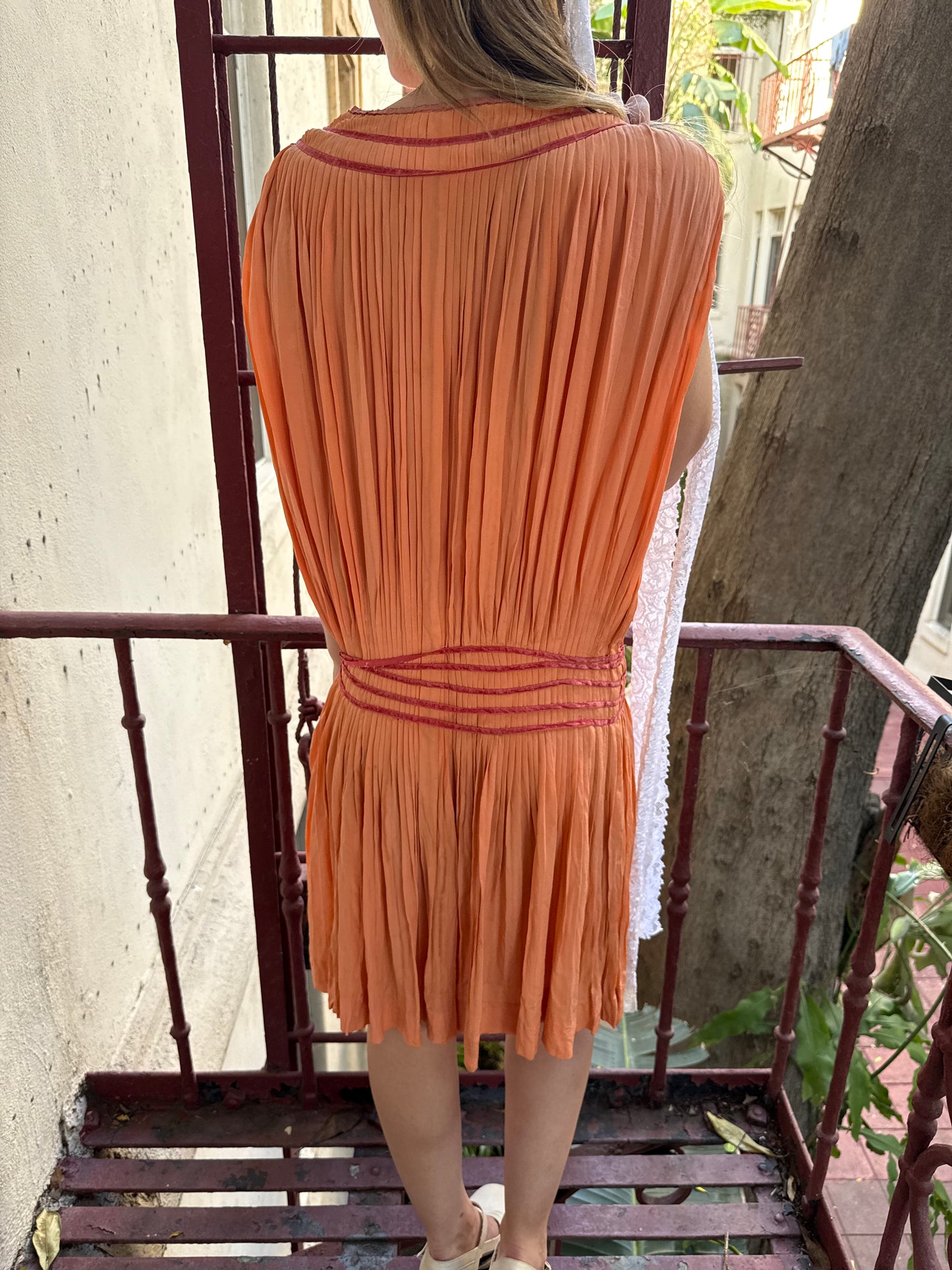1910s - 1920s Peach Pleated Silk Crepe Drop Waist Dress Flapper Style