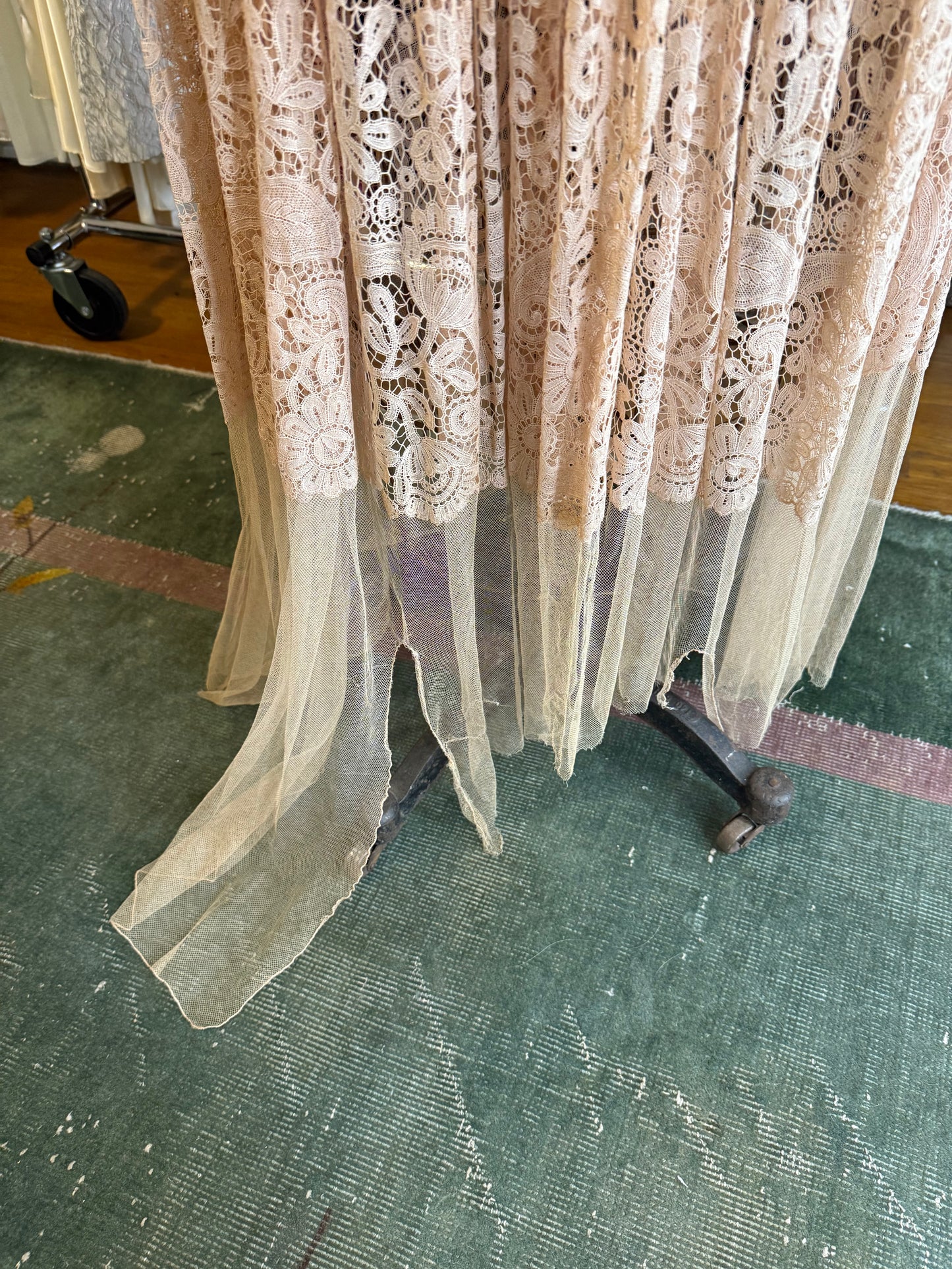 1920s Beige Net Cotton Crochet Lace Dress Sheer Gown