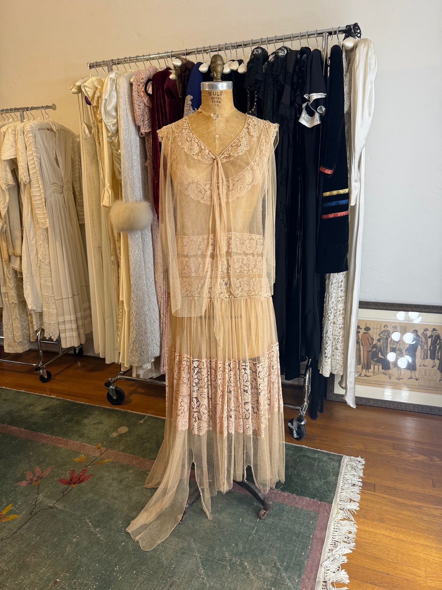 1920s Beige Net Cotton Crochet Lace Dress Sheer Gown