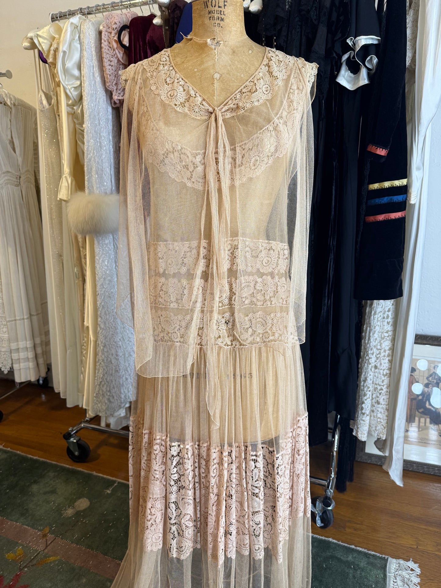 1920s Beige Net Cotton Crochet Lace Dress Sheer Gown