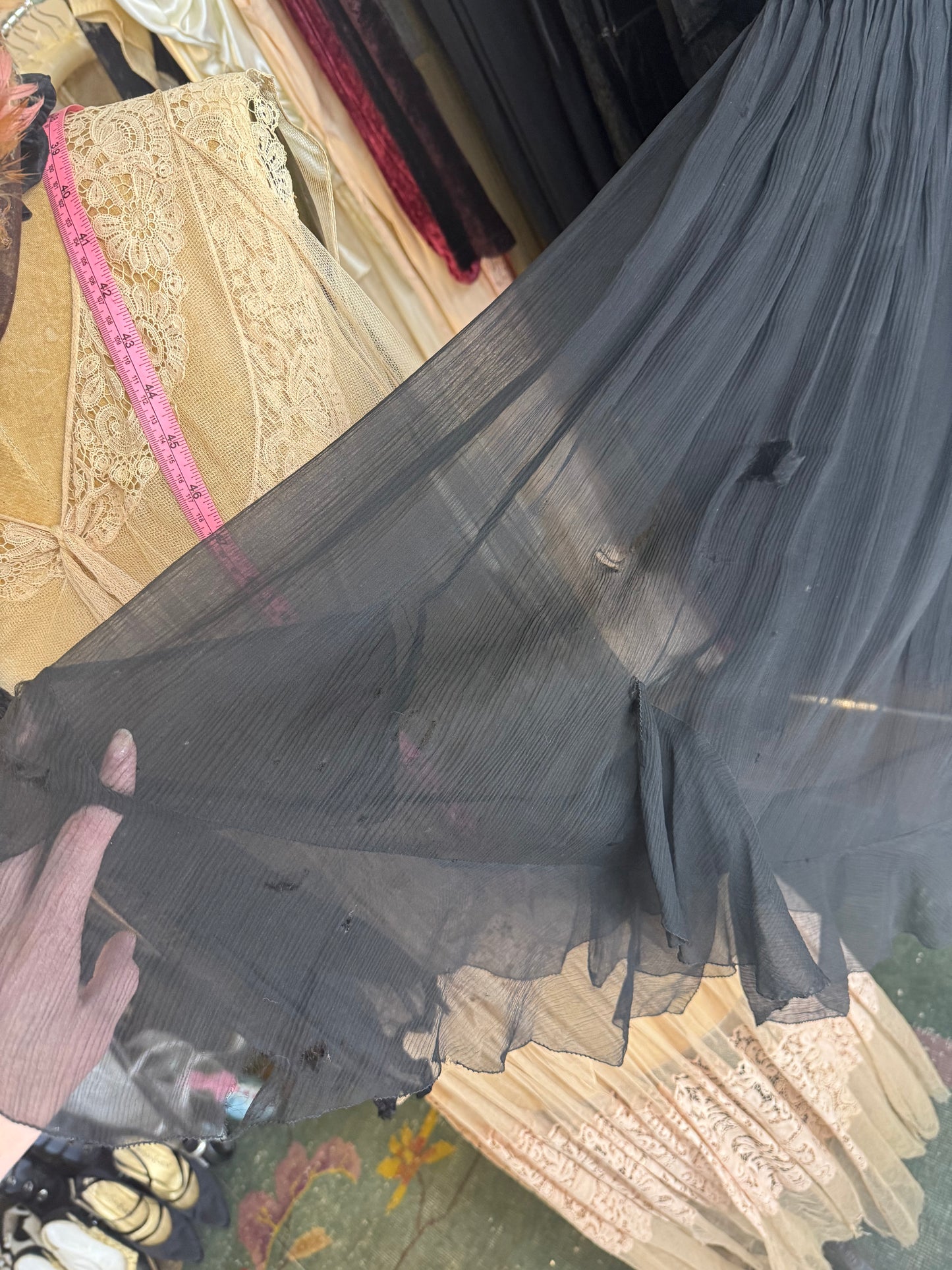 1920s Beaded Neck Black Silk Chiffon Tiered Flapper Dress