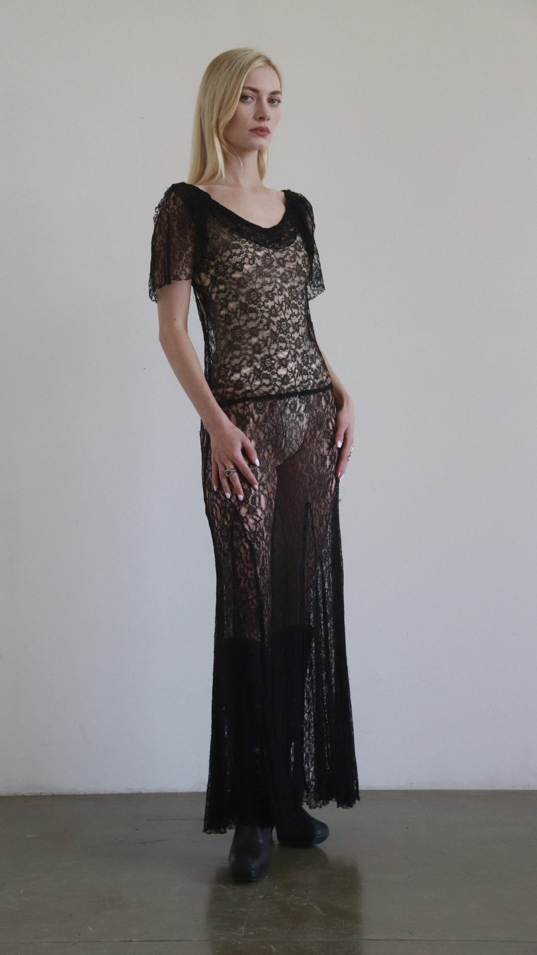 1930s Black Lace Bias-Cut Cap Sleeve Evening Gown